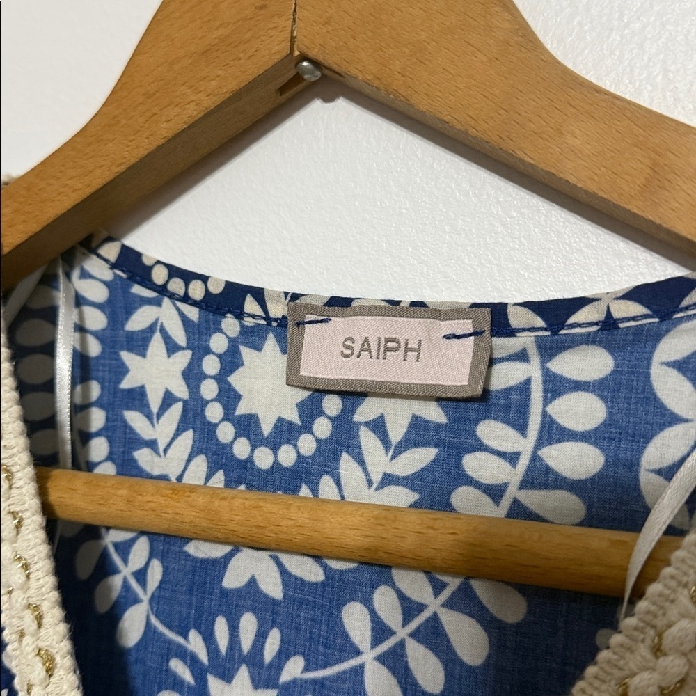 SAIPH Santorini Floral Mini Dress Size S Blue White Cotton Italy Relaxed Coastal - Picture 5 of 10